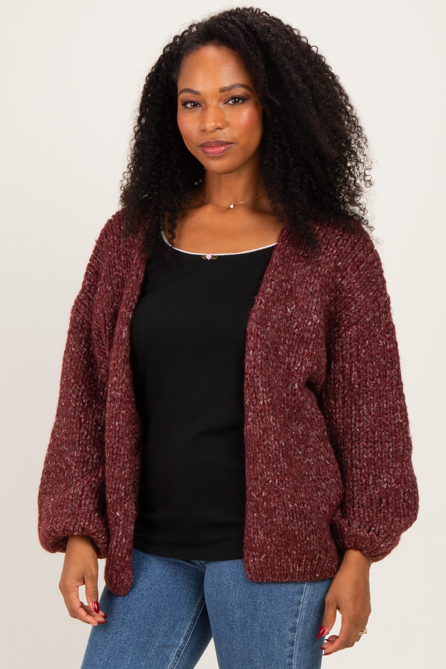 Burgundy Chunky Knit Bubble Sleeve Cardigan