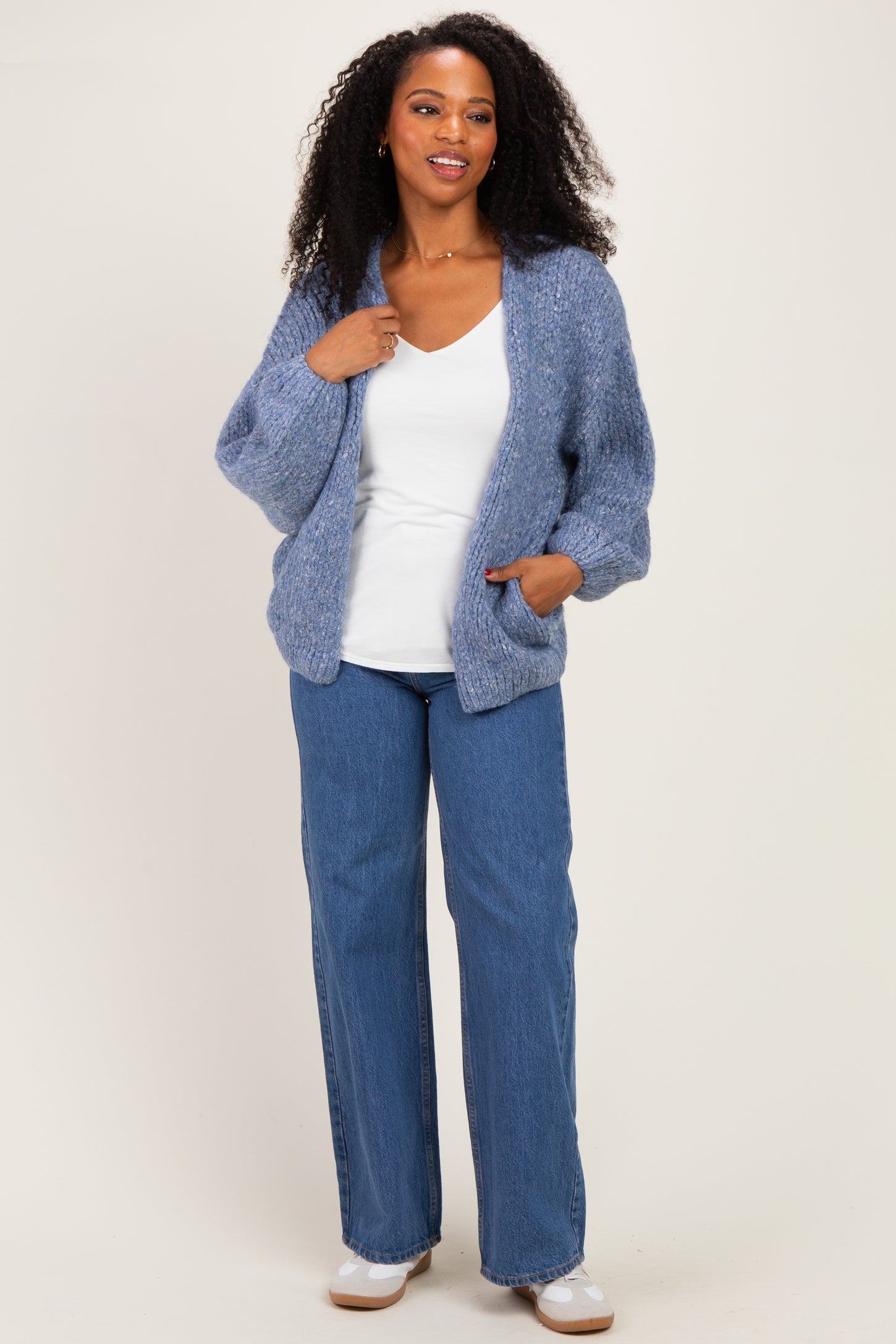 Blue Chunky Knit Bubble Sleeve Cardigan