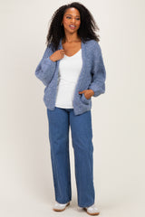 Blue Chunky Knit Bubble Sleeve Cardigan