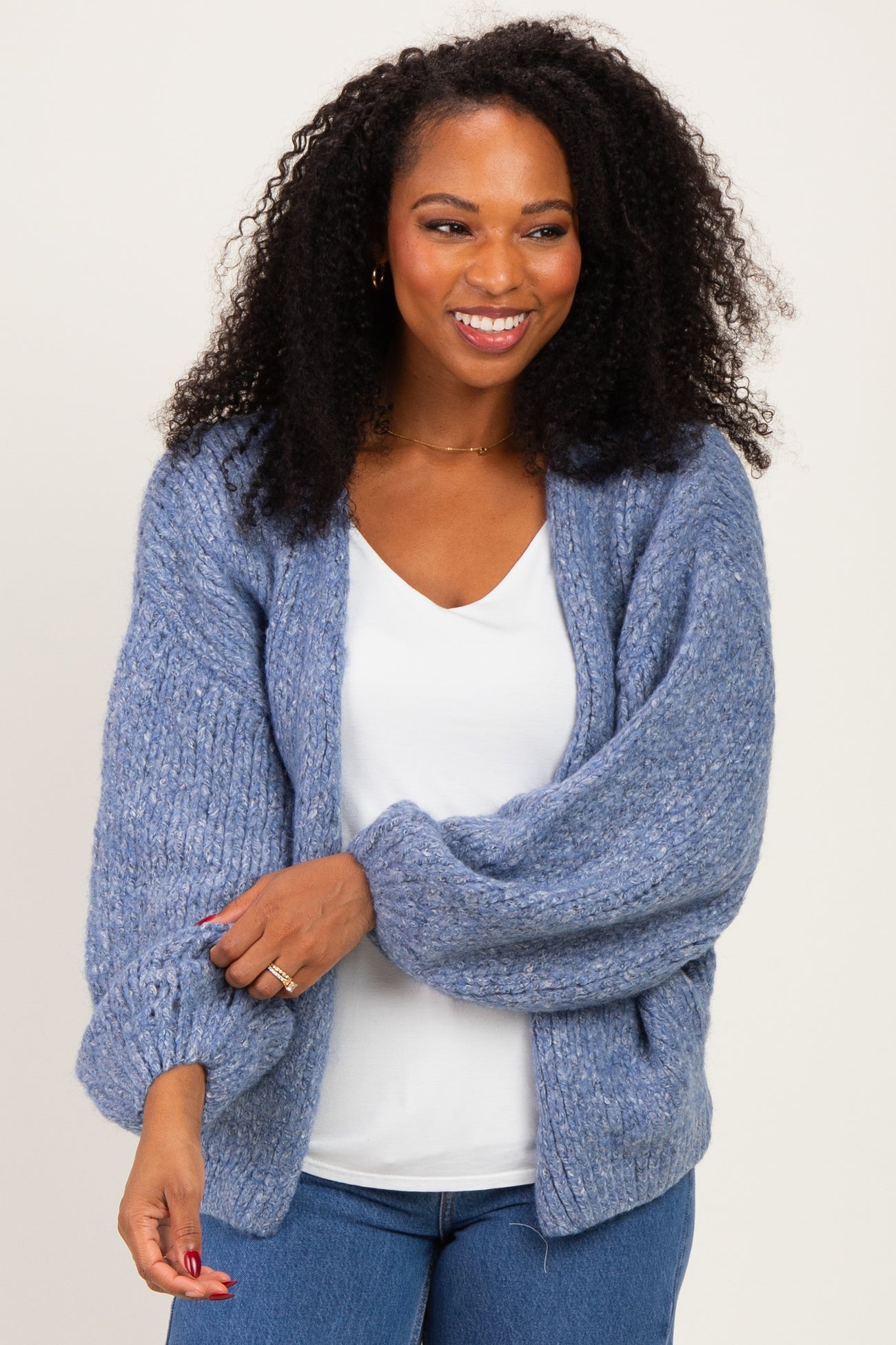Blue Chunky Knit Bubble Sleeve Cardigan