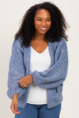 Blue Chunky Knit Bubble Sleeve Cardigan