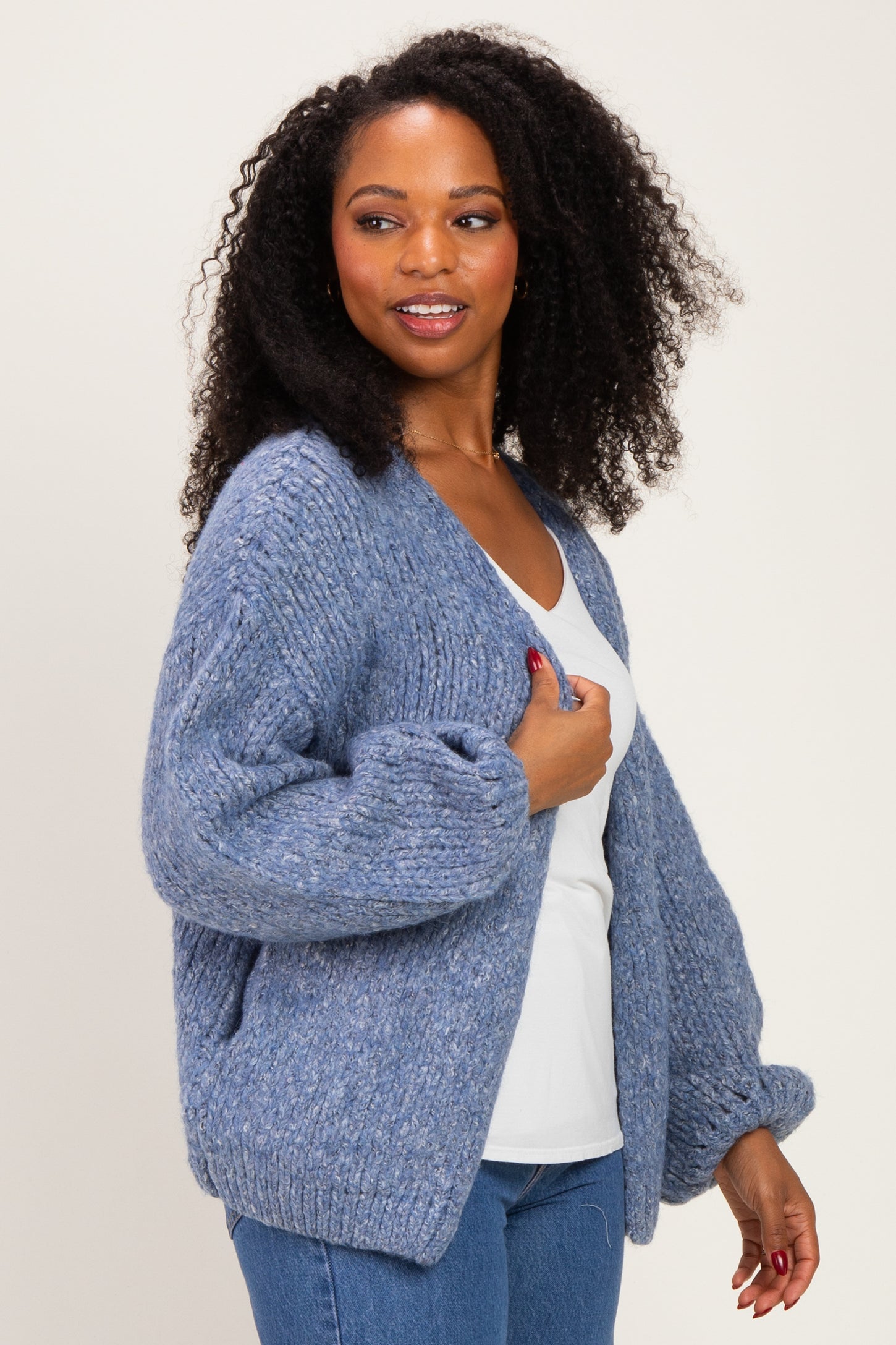 Blue Chunky Knit Bubble Sleeve Cardigan