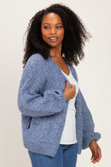 Blue Chunky Knit Bubble Sleeve Cardigan