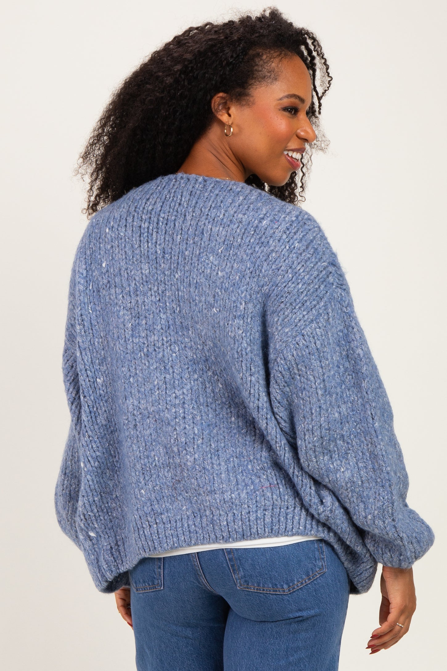 Blue Chunky Knit Bubble Sleeve Cardigan