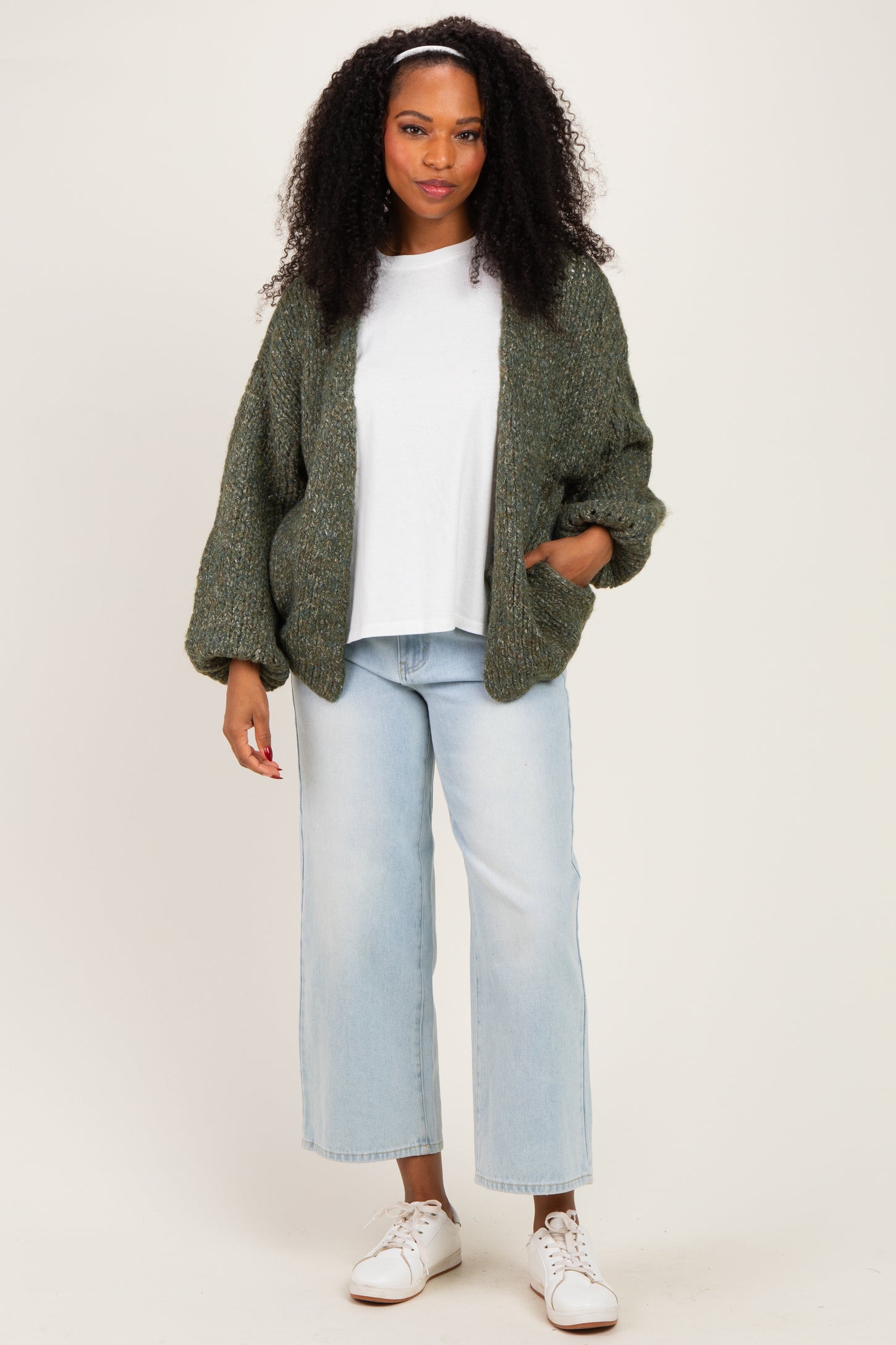 Olive Chunky Knit Bubble Sleeve Cardigan