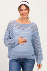 Dusk Blue Open Knit Striped Maternity Sweater Top
