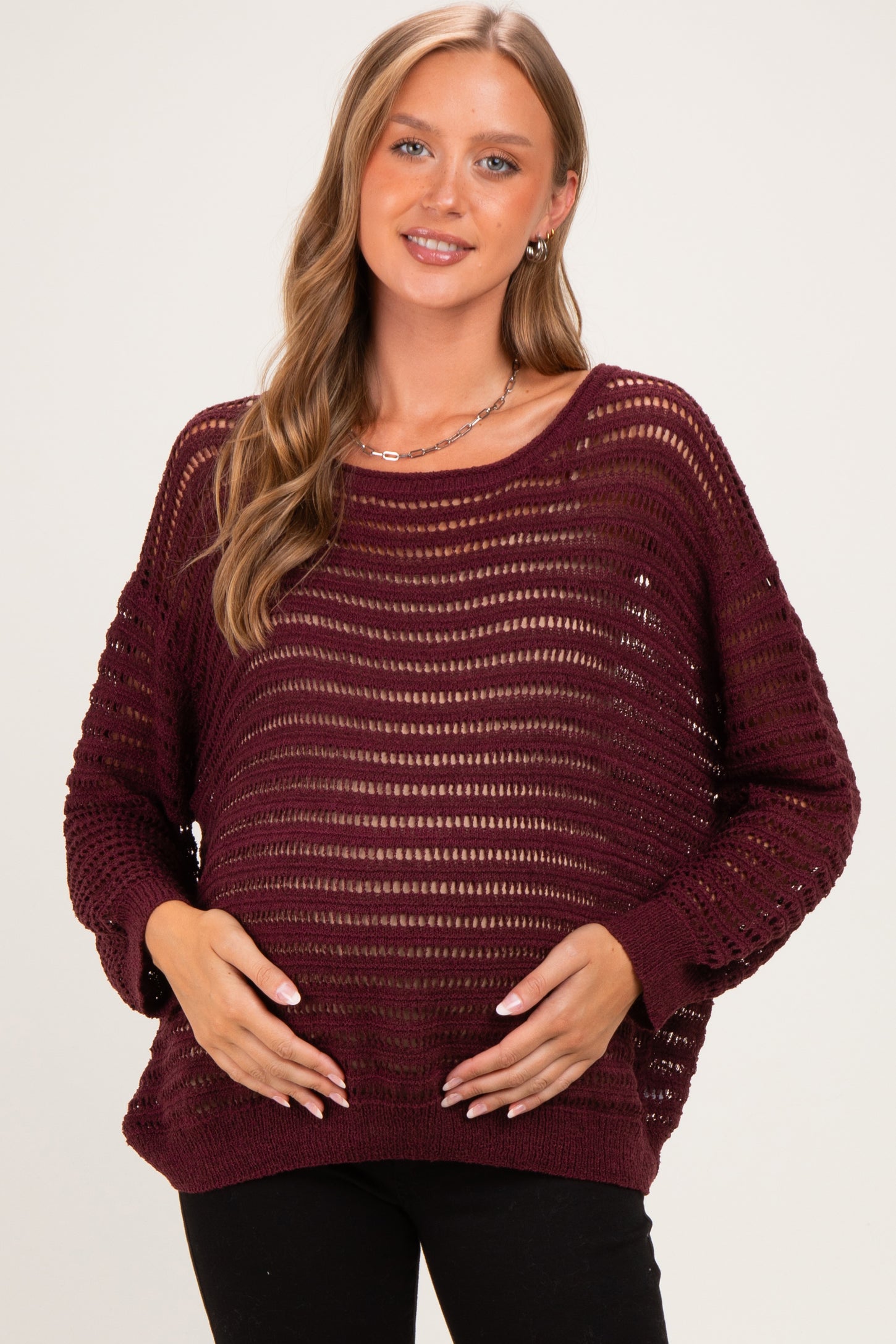 Burgundy Open Knit Striped Maternity Sweater Top