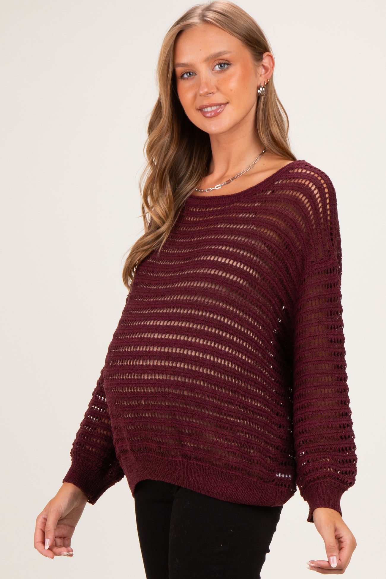 Burgundy Open Knit Striped Maternity Sweater Top