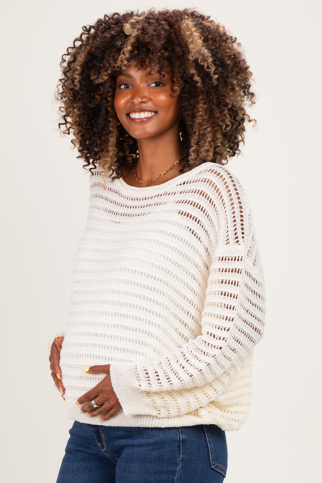 Ivory Open Knit Striped Maternity Sweater Top