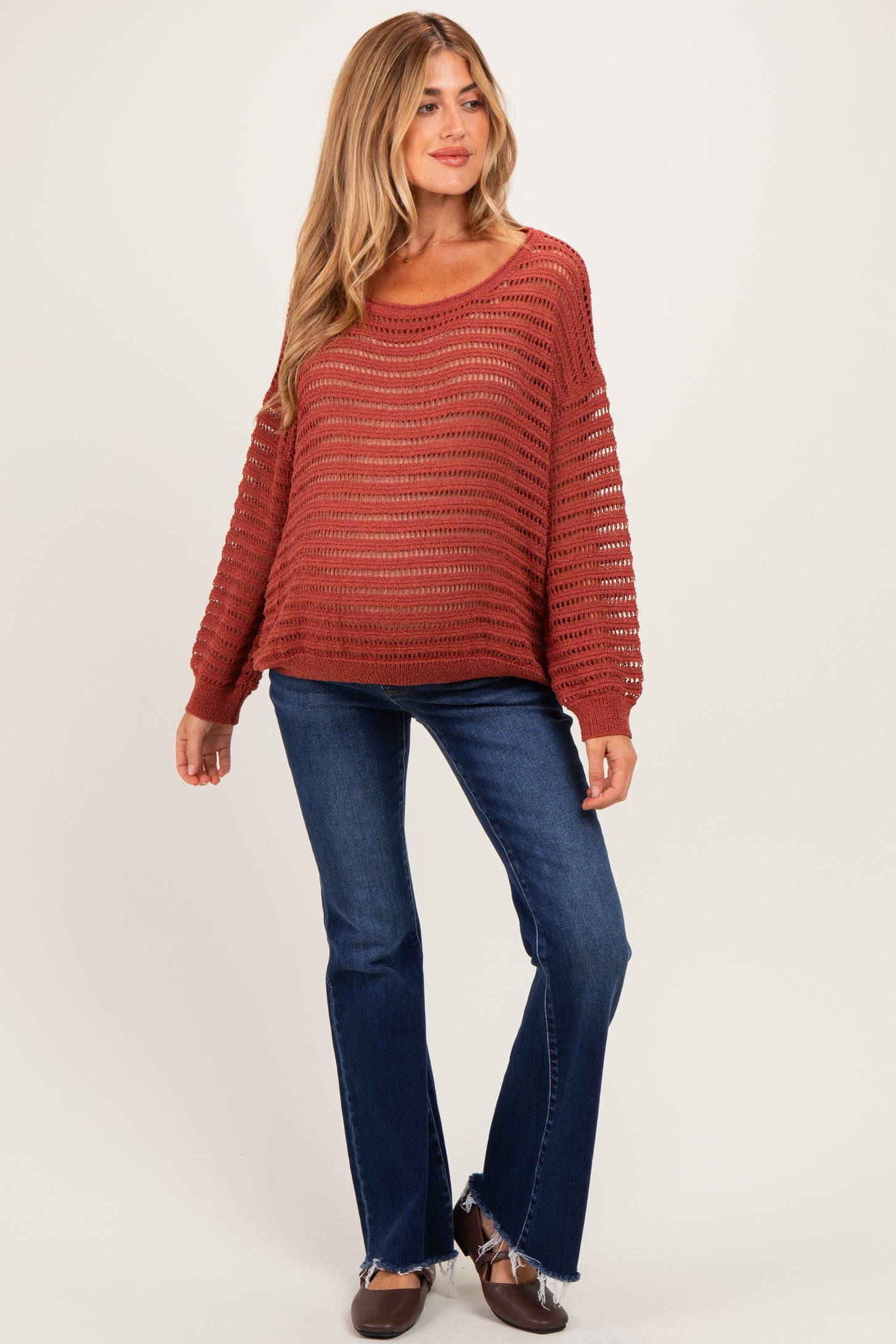 Terracotta Open Knit Striped Maternity Sweater Top