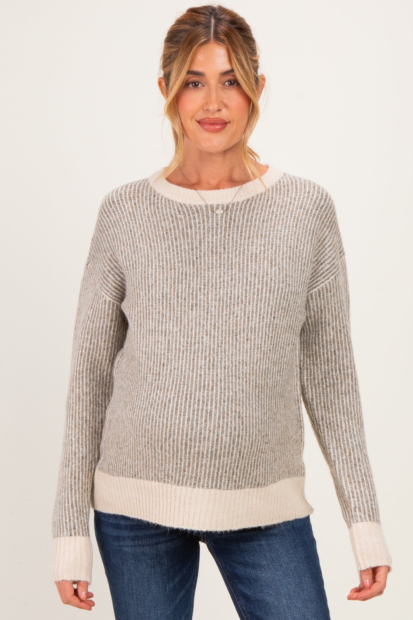 Olive Two Tone Ribbed Maternity Sweater