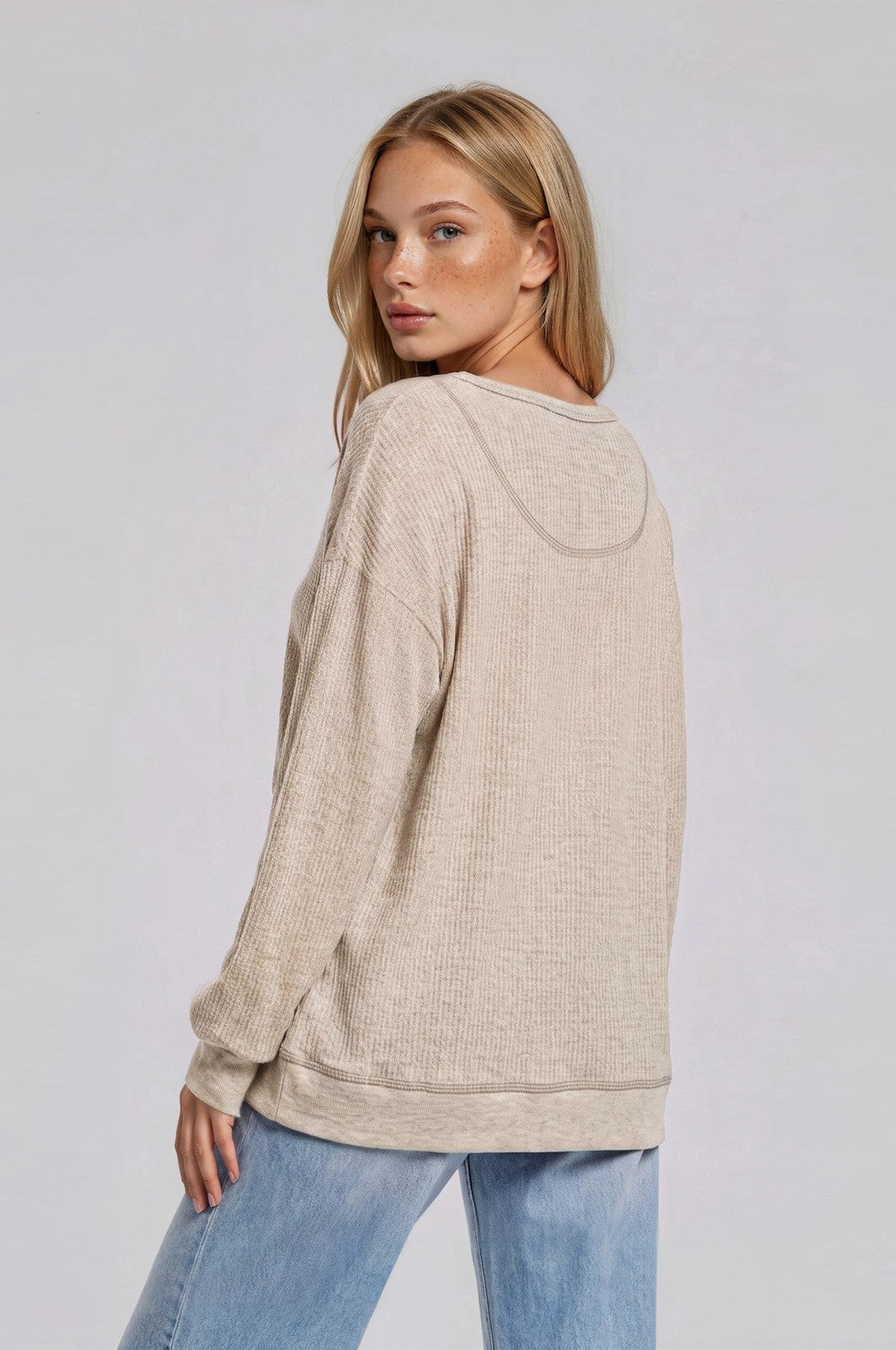 Oatmeal Waffle Knit Oversized Henley Top