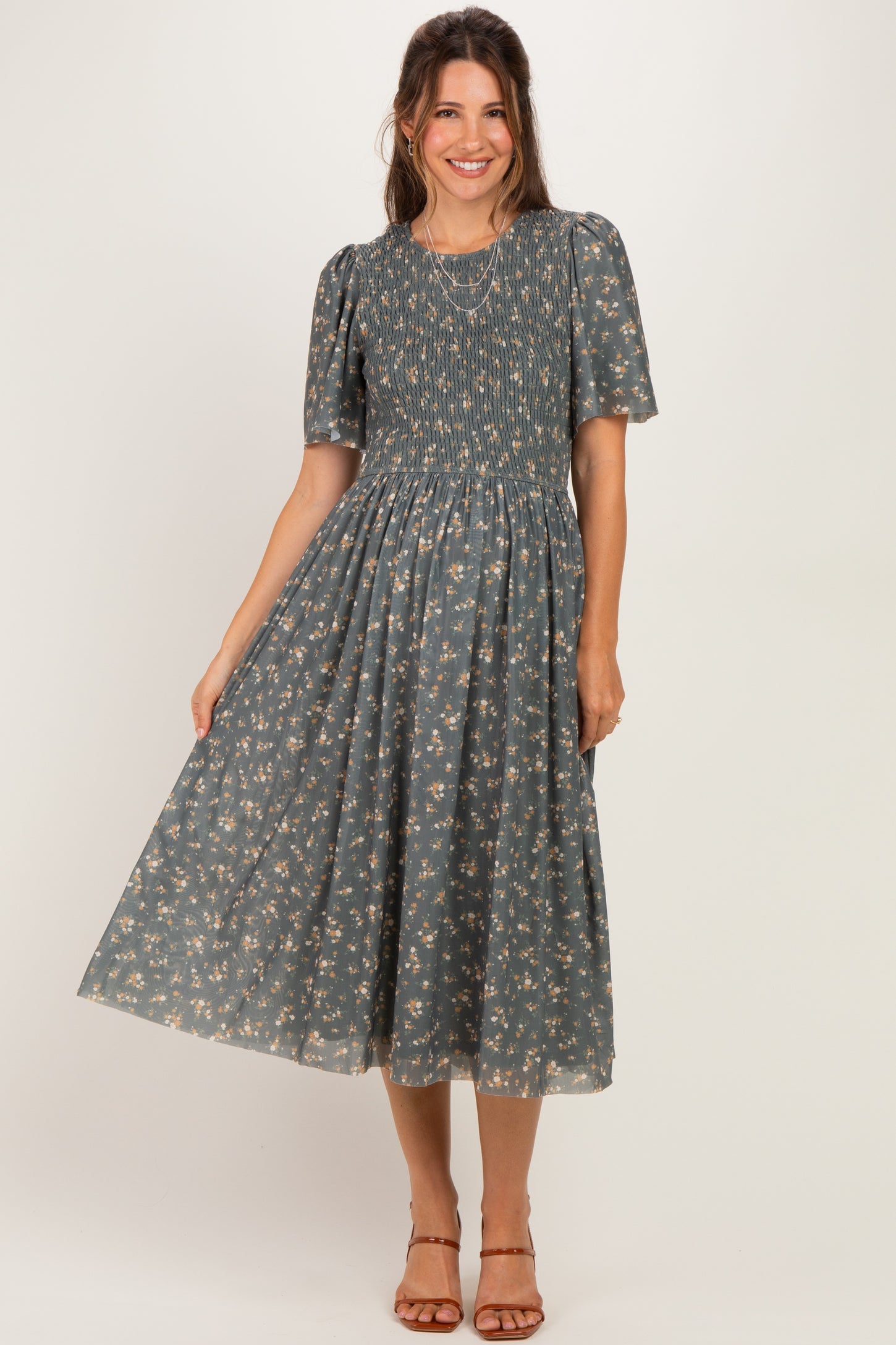 Olive Smocked Bodice Floral Maternity Dress