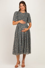 Olive Smocked Bodice Floral Maternity Dress