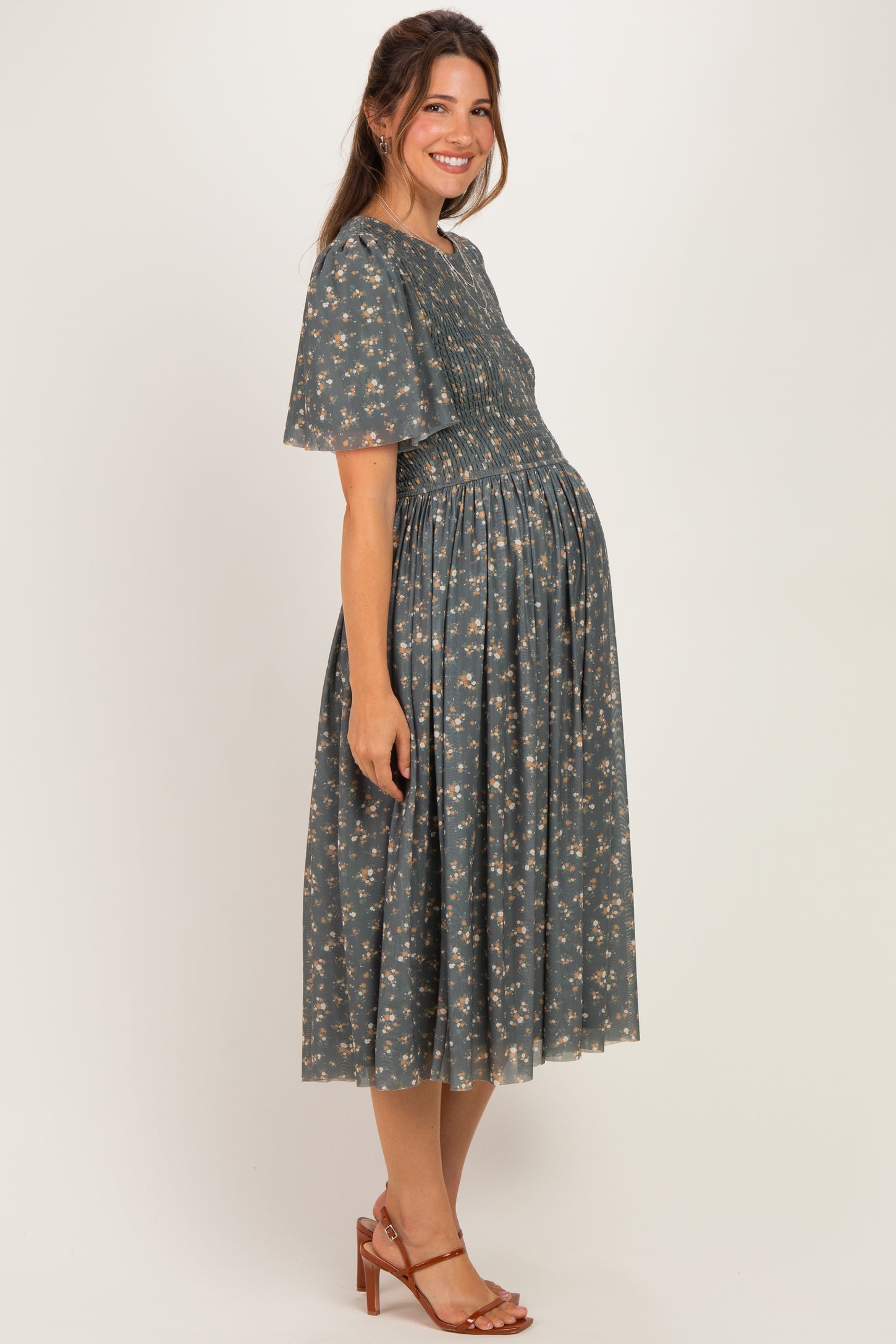 Olive Smocked Bodice Floral Maternity Dress