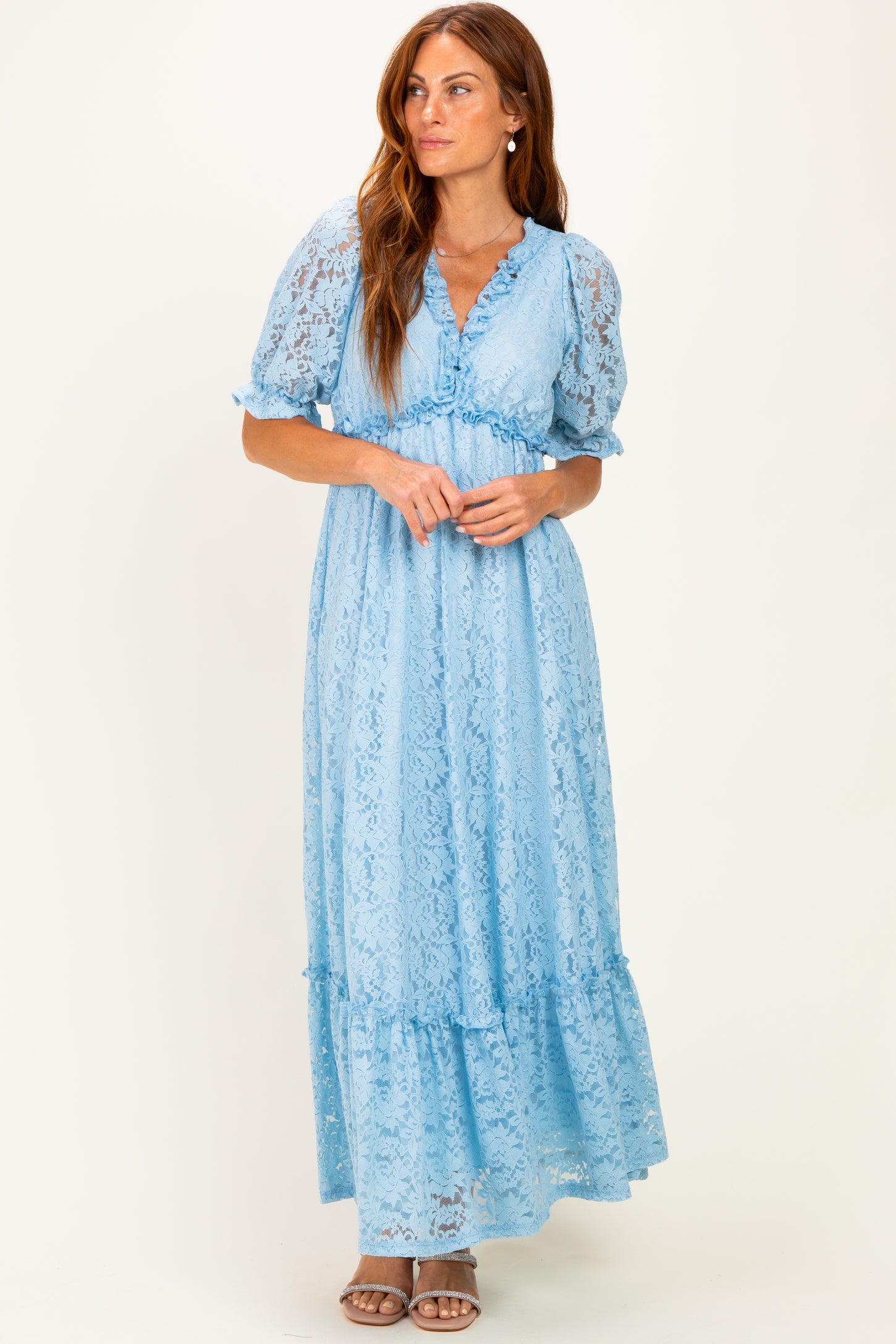 Blue Floral Lace V-Neck Maxi Dress
