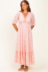 Light Pink Floral Lace V-Neck Maxi Dress