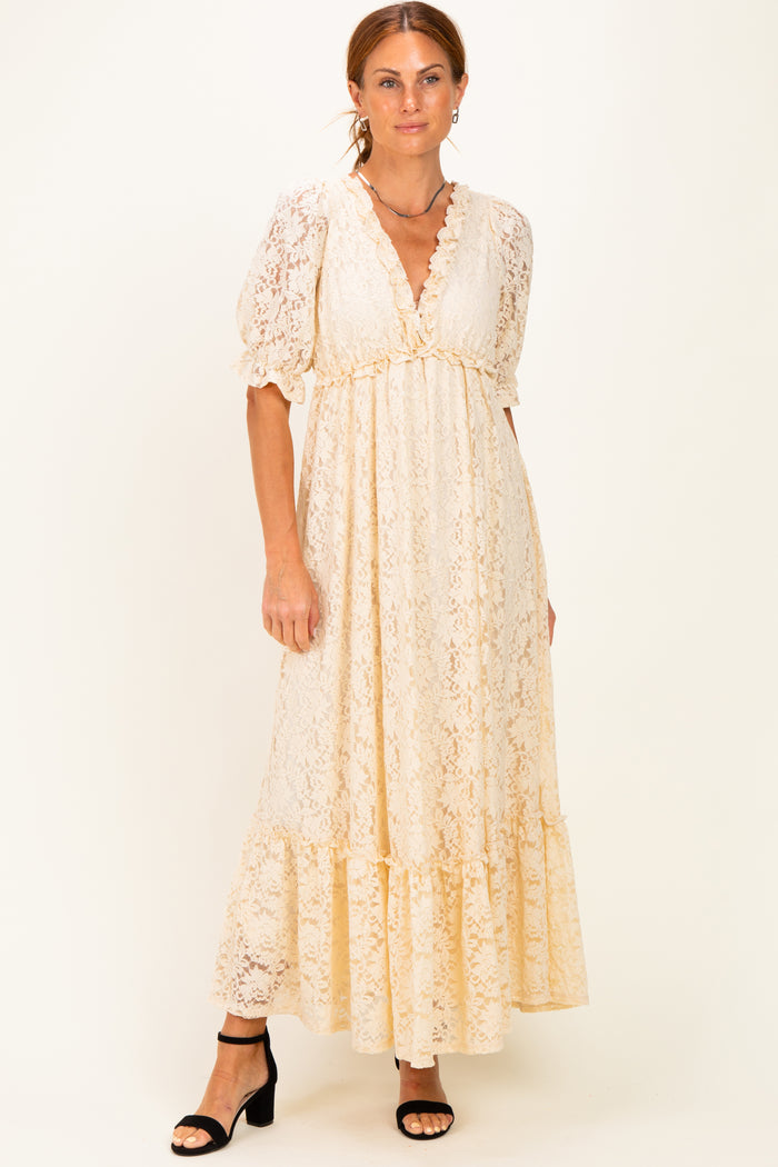 Ivory Floral Lace V-Neck Maternity Maxi Dress