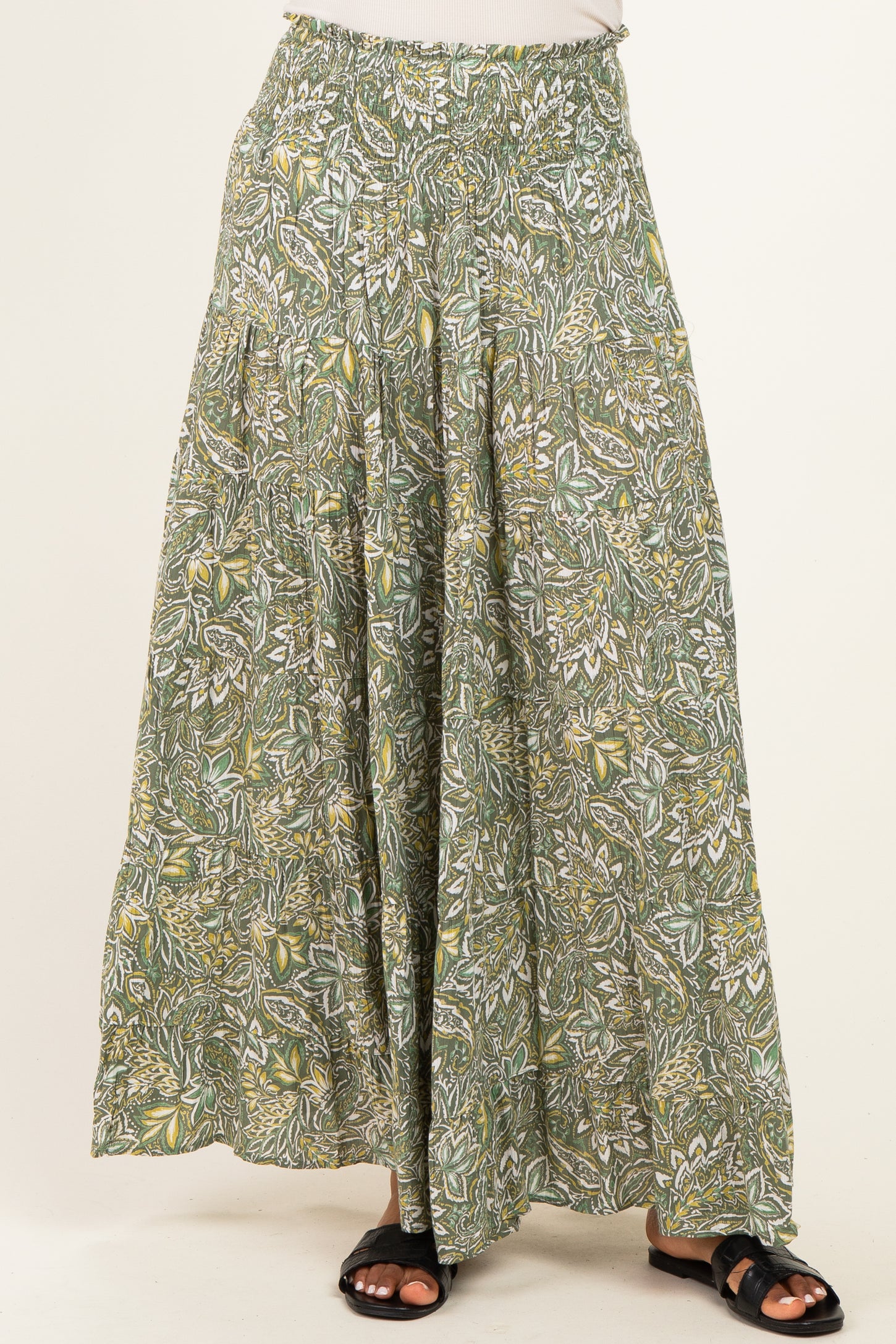 Olive Floral Tiered Smocked Waist Maxi Skirt