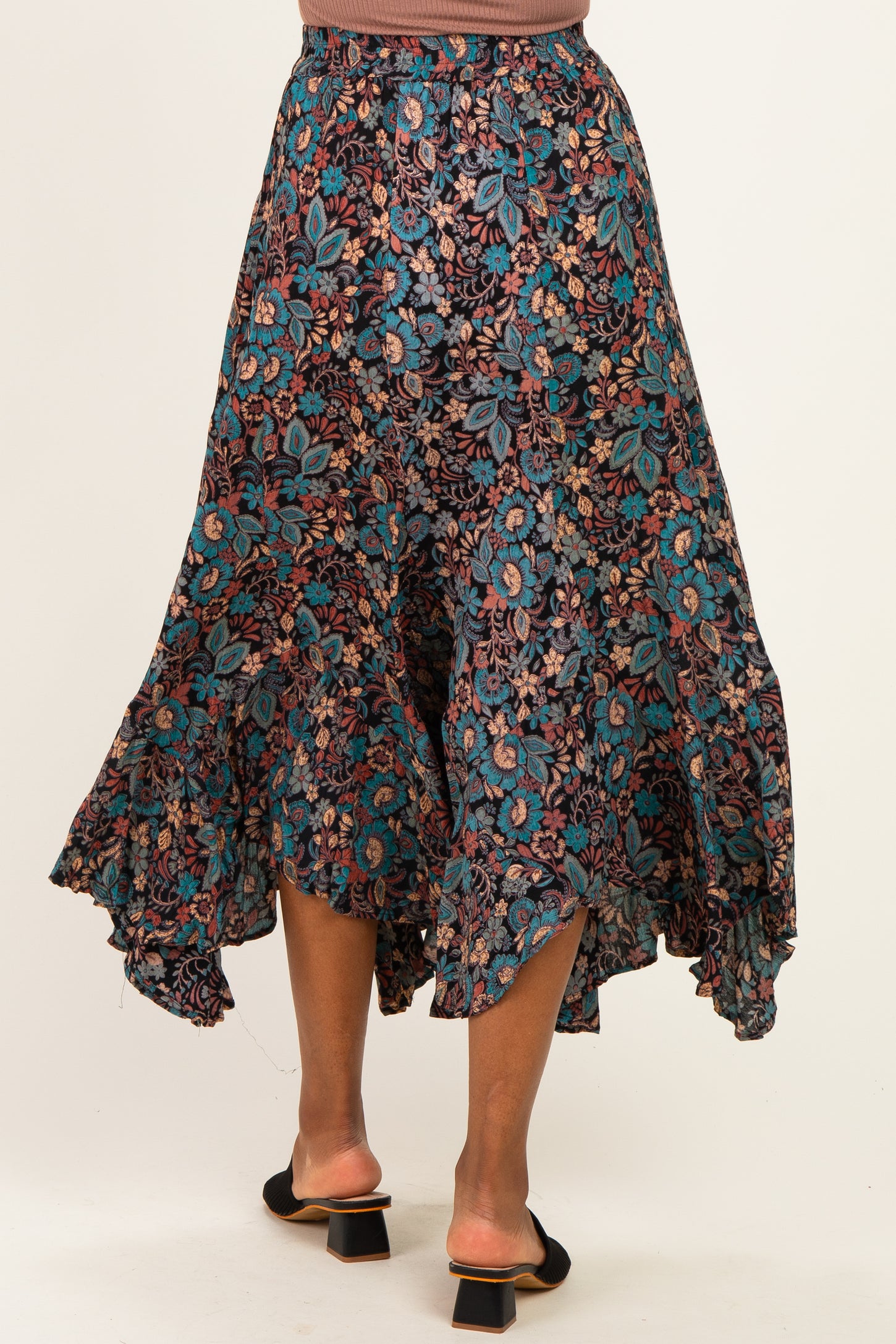 Black Floral Ruffle Hem Maxi Skirt