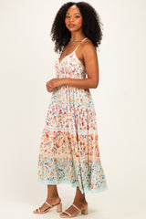 Multicolor Floral Colorblock Tiered Lace Trim Midi Dress