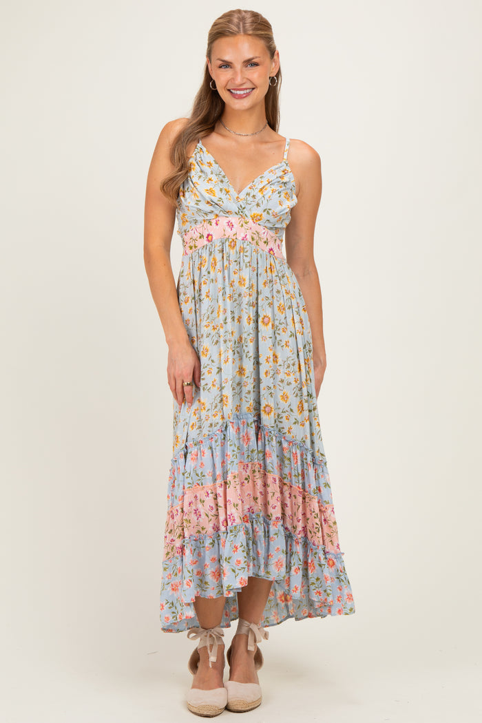 Multicolor Floral Colorblock Ruffle Tiered Maternity Midi Dress