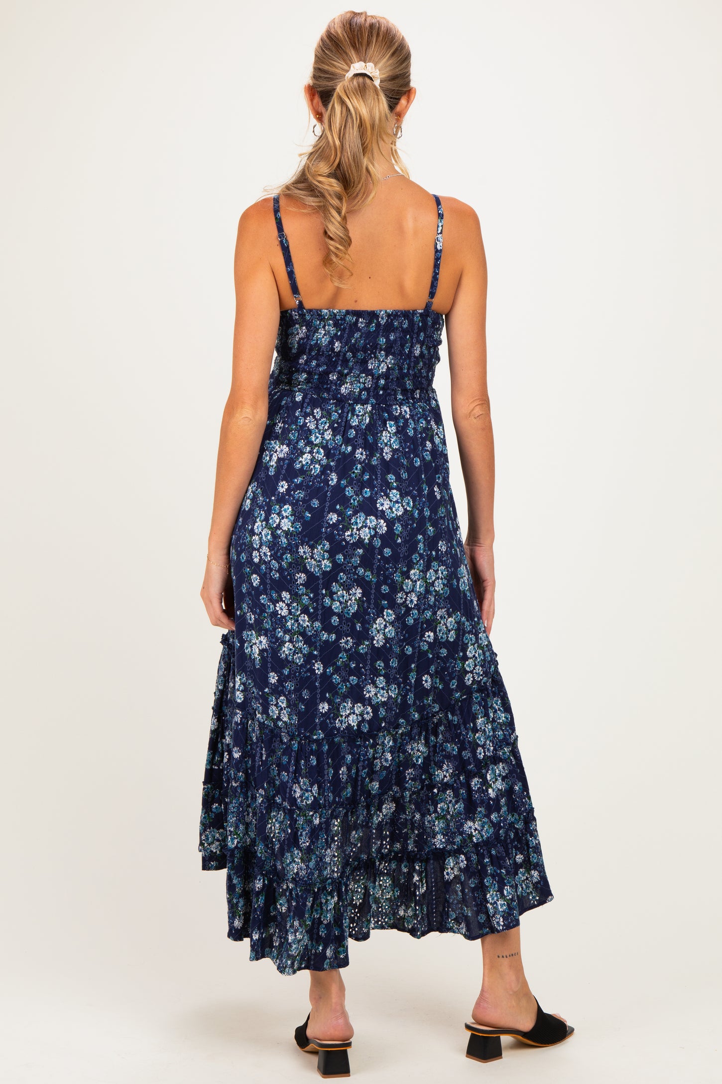 Navy Floral Eyelet Lace Ruffle Hem Maternity Midi Dress