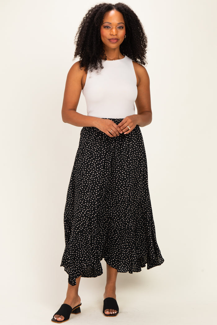 Black Polka Dot Ruffle Hem Maternity Maxi Skirt