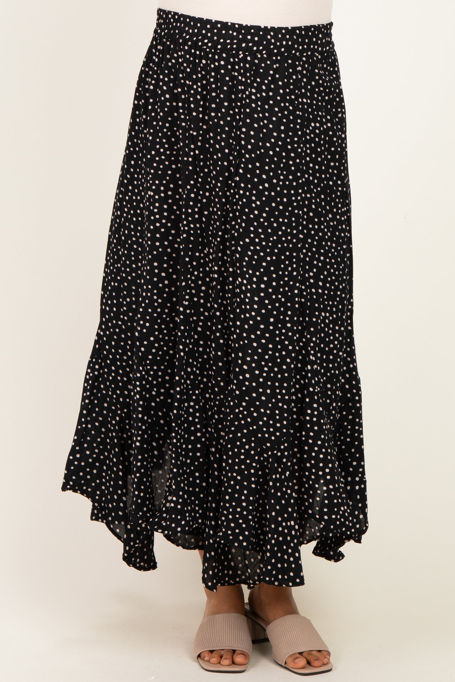 Black Polka Dot Ruffle Hem Maternity Maxi Skirt