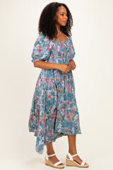 Sage Floral Smocked Handkerchief Hem Midi Dress