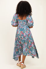 Sage Floral Smocked Handkerchief Hem Midi Dress