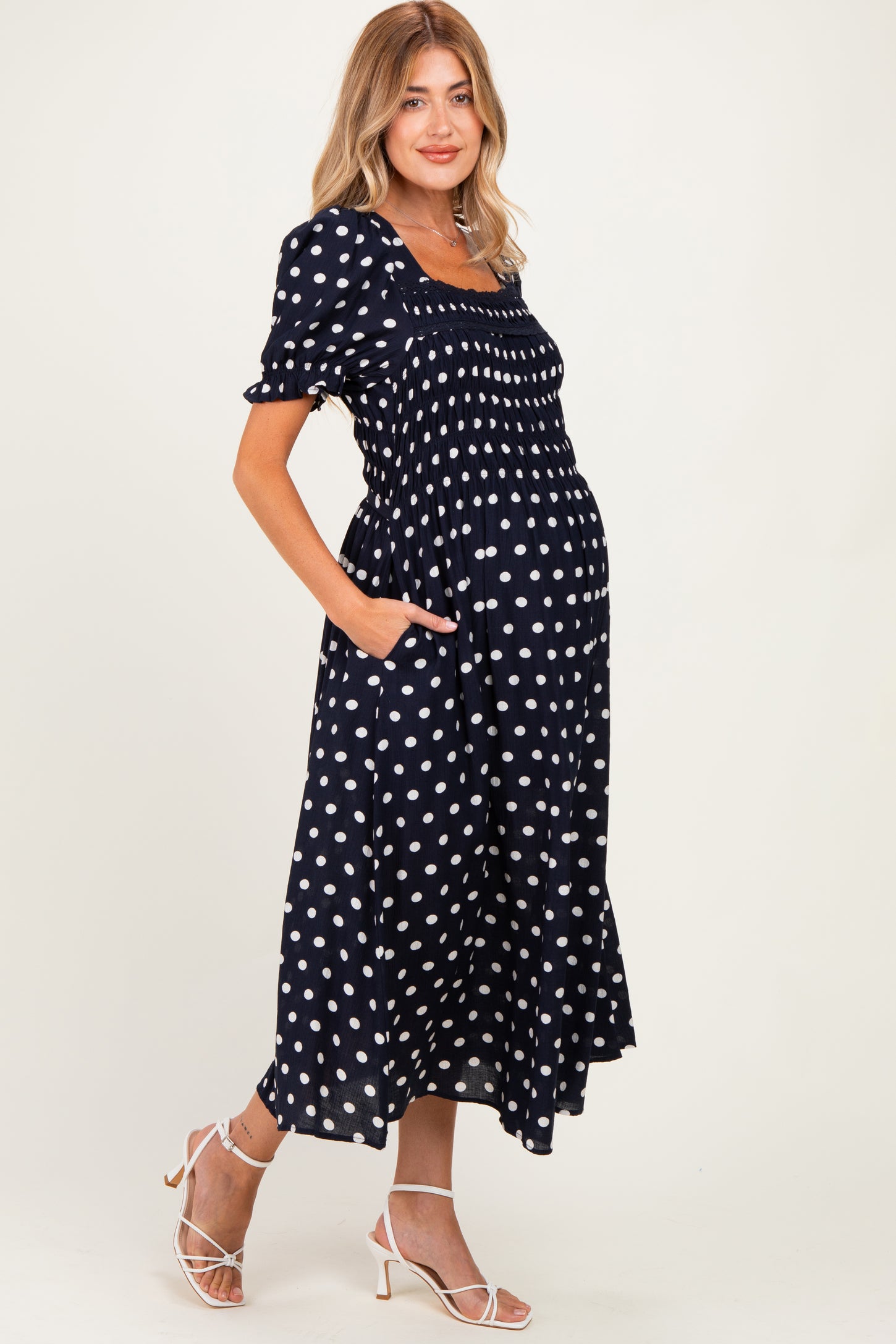 Navy Polka Dot Smocked Maternity Midi Dress