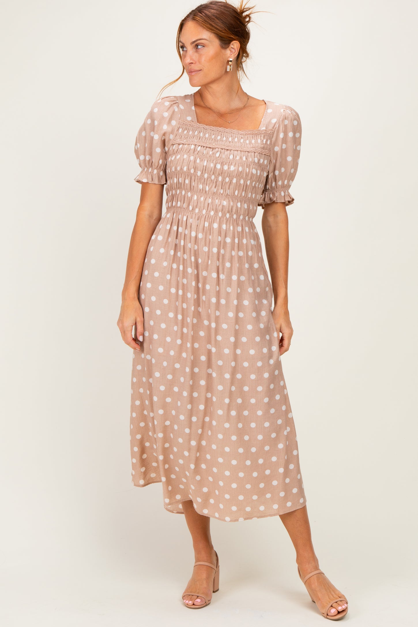 Light Taupe Polka Dot Smocked Maternity Midi Dress