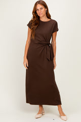 Brown Side Tie Short Sleeve Maternity Midi Dress