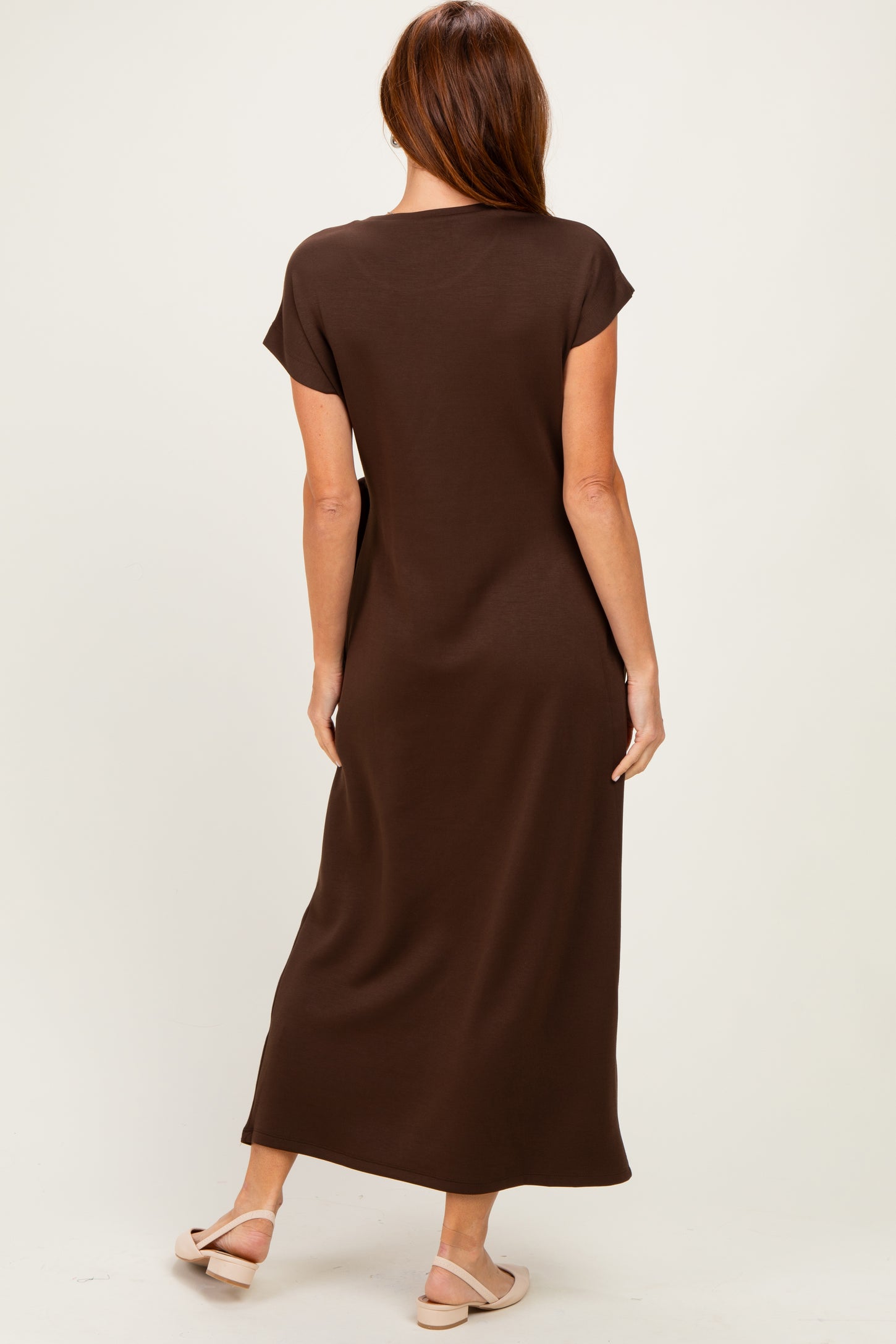 Brown Side Tie Short Sleeve Midi Dress