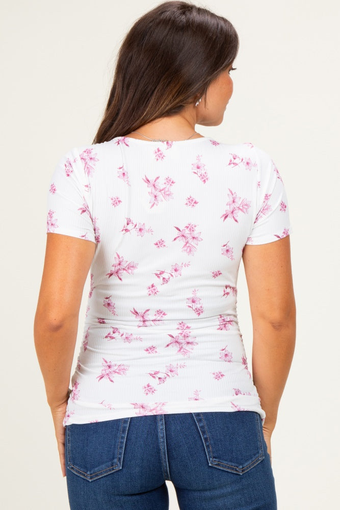 Pink Floral Ruching Short Sleeve Maternity Top