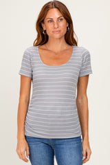 Grey Stripe Ruching Short Sleeve Maternity Top