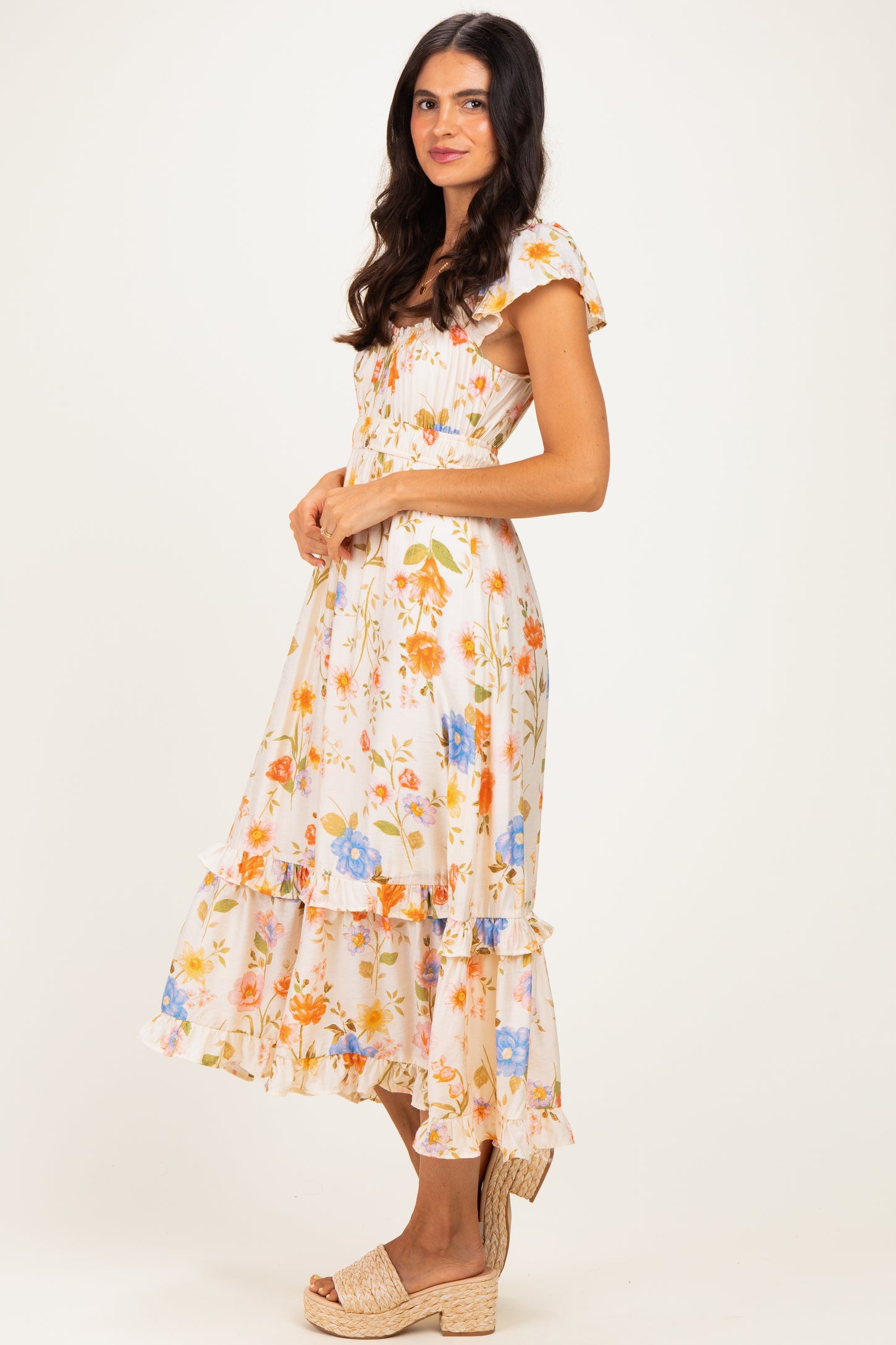 Ivory Floral Ruffle Accent Midi Dress