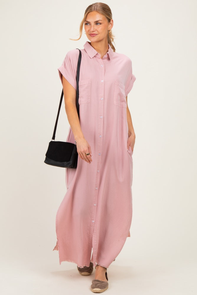 Pink Chambray Maxi Shirt Dress
