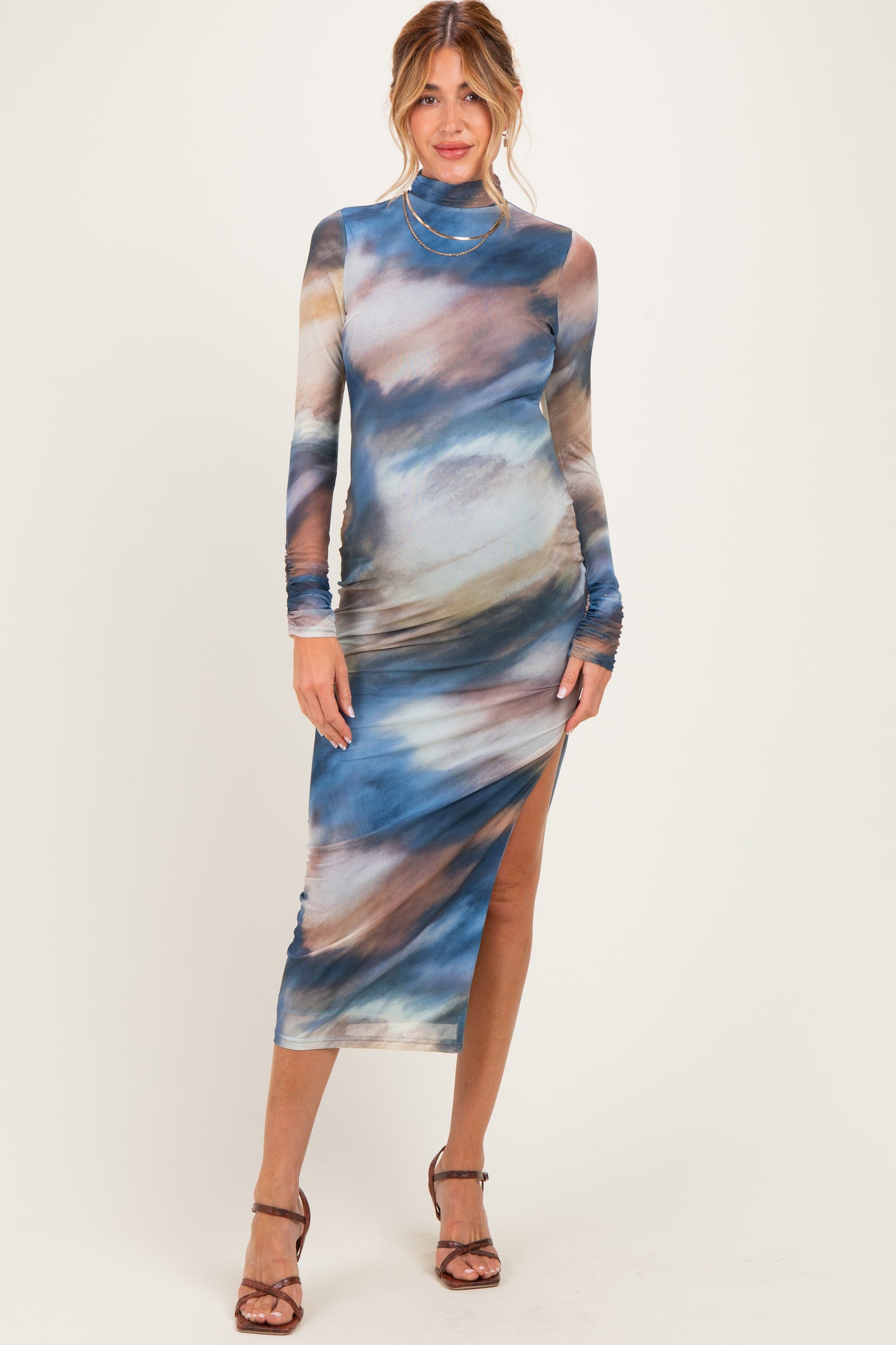 Multicolor Mesh Printed Mock Neck Long Sleeve Maternity Dress