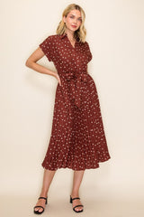 Brown Polka Dot Pleated Midi Dress