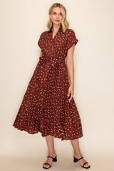 Brown Polka Dot Pleated Midi Dress