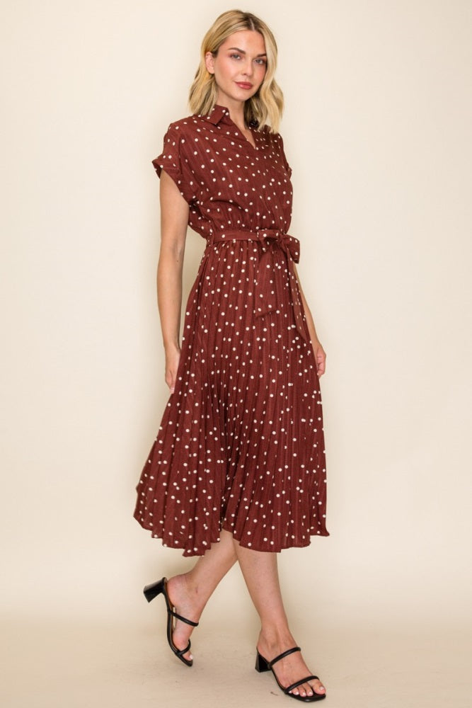 Brown Polka Dot Pleated Midi Dress
