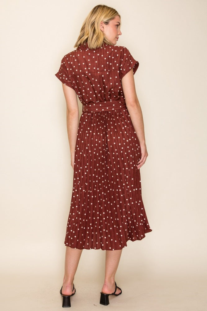 Brown Polka Dot Pleated Midi Dress