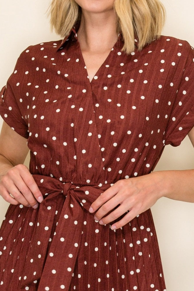 Brown Polka Dot Pleated Midi Dress