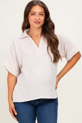 Oatmeal Embroidered Detail Collared Boxy Maternity Top