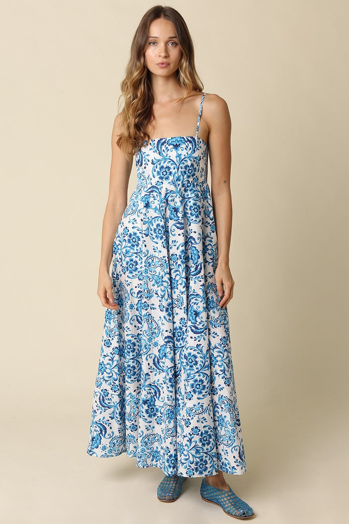 Blue Floral Damask Maternity Maxi Dress