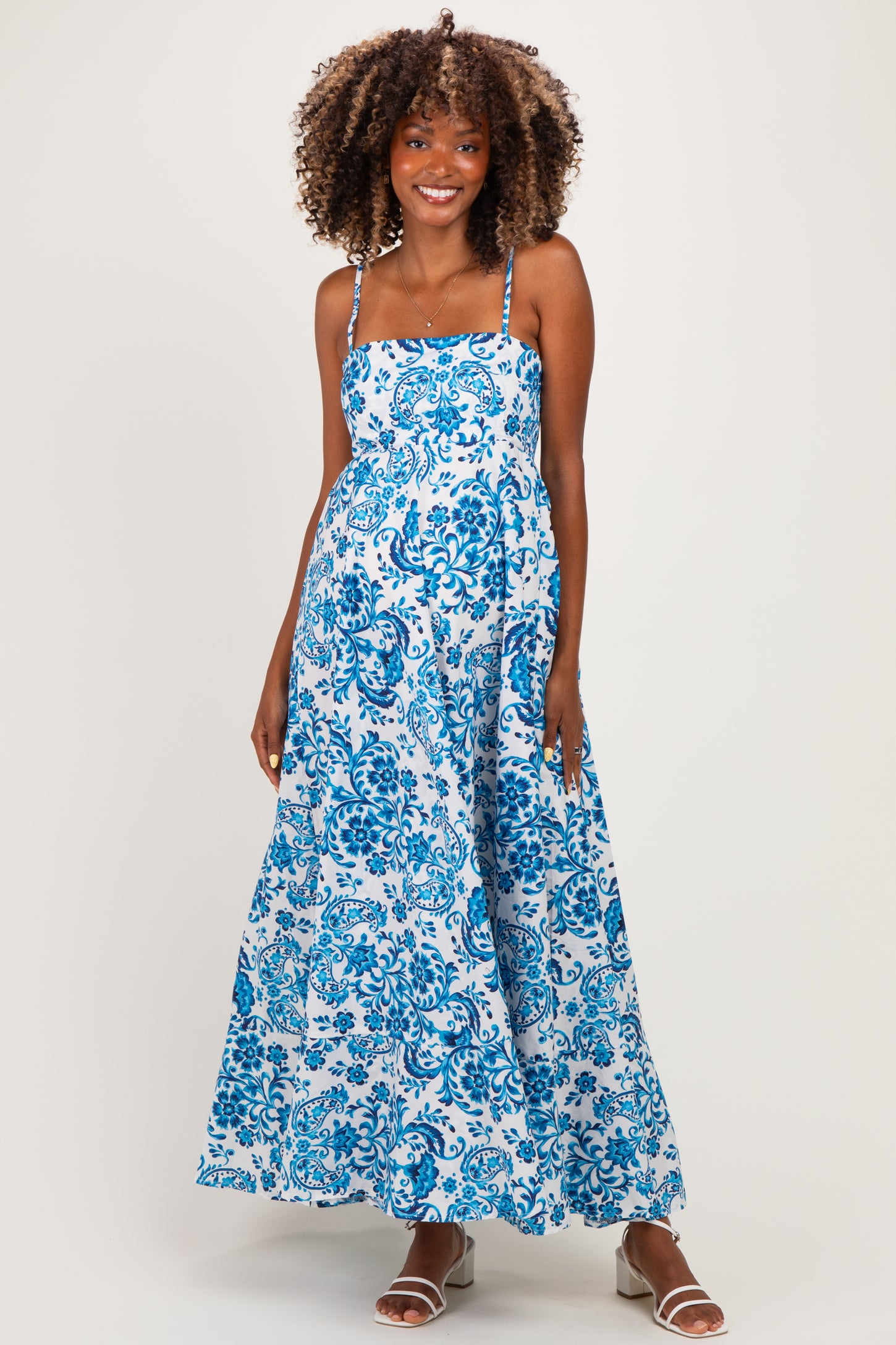 Blue Floral Damask Maternity Maxi Dress