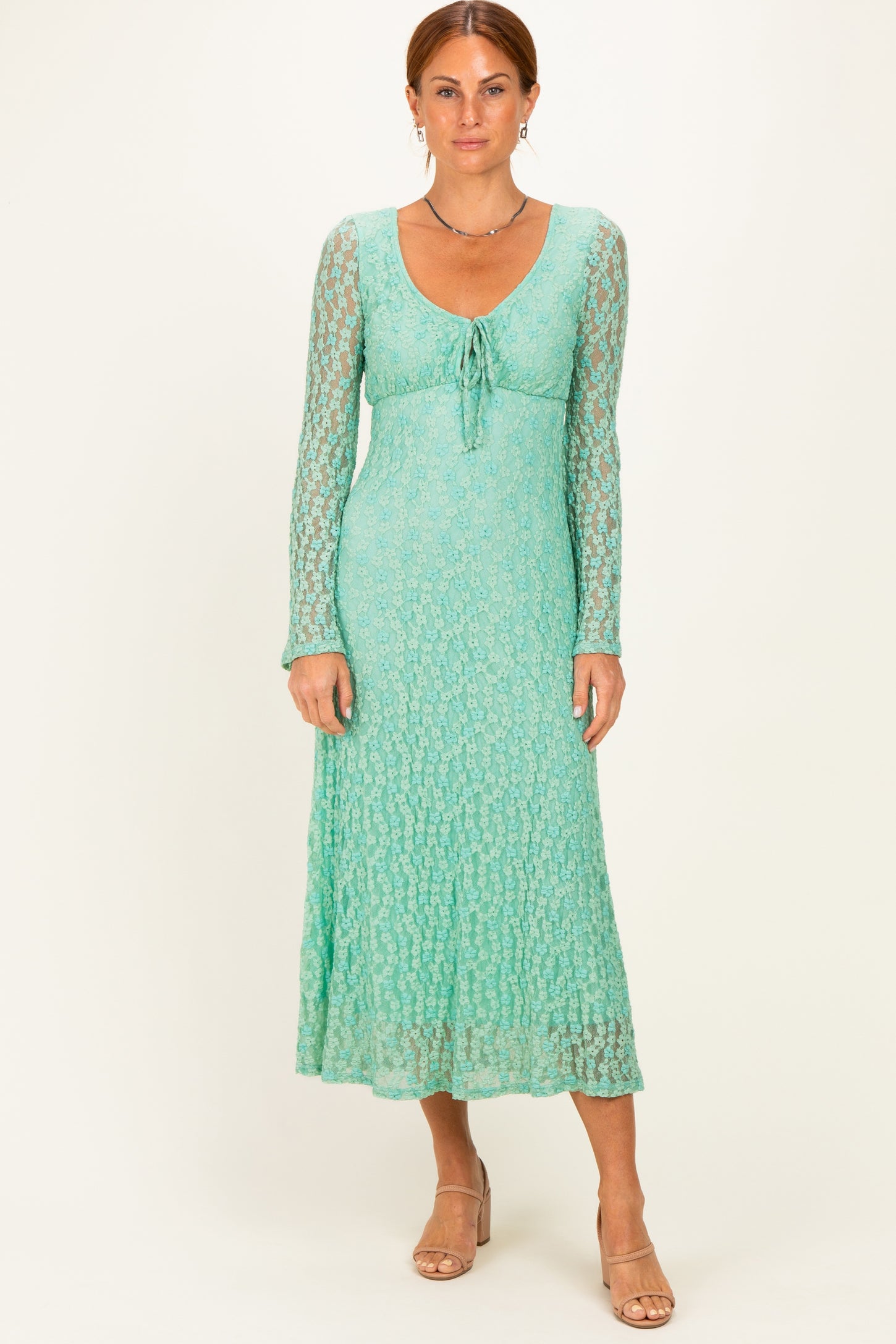 Mint Green Floral Lace Long Bell Sleeve Midi Dress