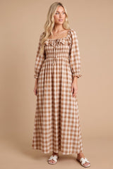 Brown Gingham Ruffle Smocked Maxi